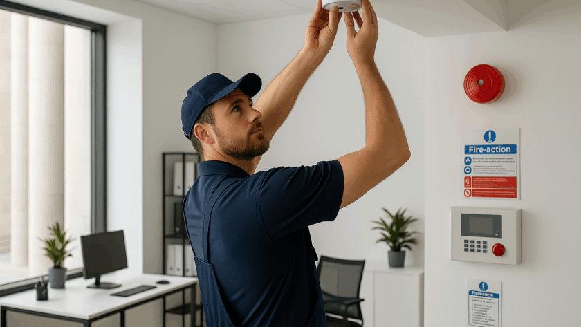 Technicien installant un système d'alarme incendie dans un bâtiment moderne avec des outils professionnels, représentant la sécurité incendie en entreprise.