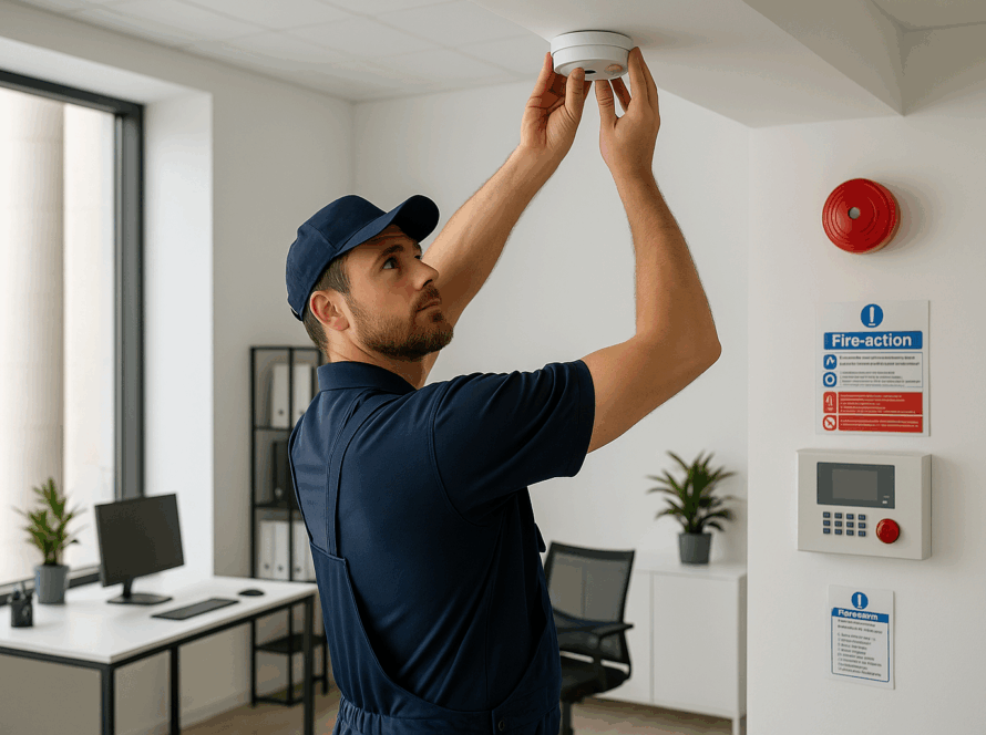 Technicien installant un système d'alarme incendie dans un bâtiment moderne avec des outils professionnels, représentant la sécurité incendie en entreprise.