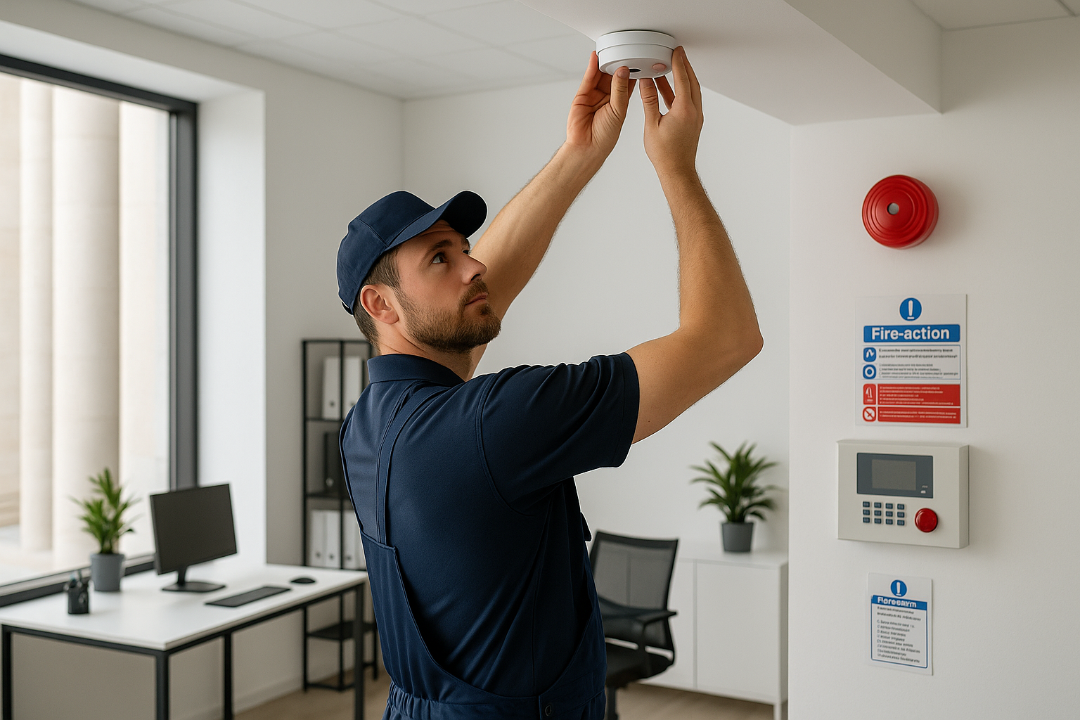 Technicien installant un système d'alarme incendie dans un bâtiment moderne avec des outils professionnels, représentant la sécurité incendie en entreprise.